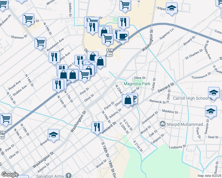 map of restaurants, bars, coffee shops, grocery stores, and more near 2020 Olive St in Monroe