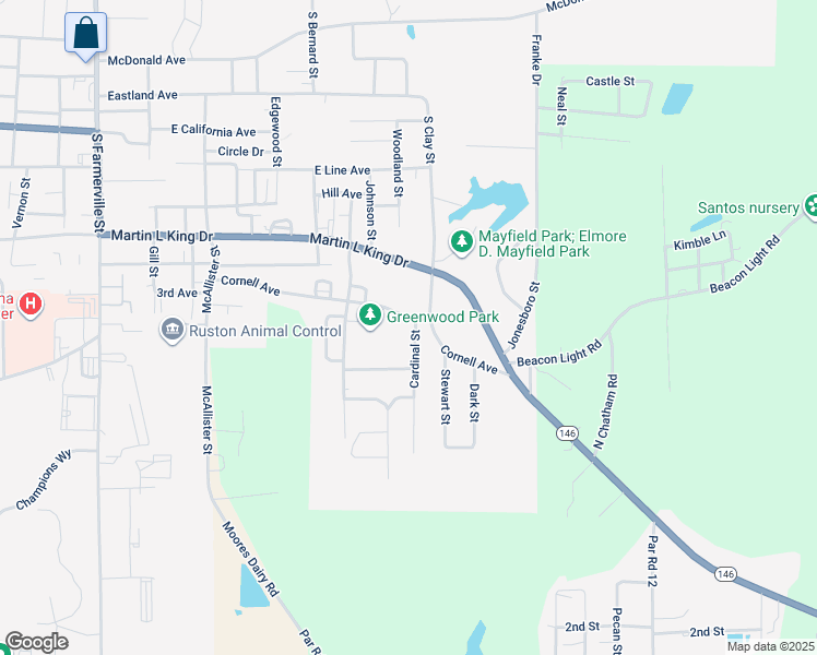 map of restaurants, bars, coffee shops, grocery stores, and more near 1100 Cardinal Street in Ruston