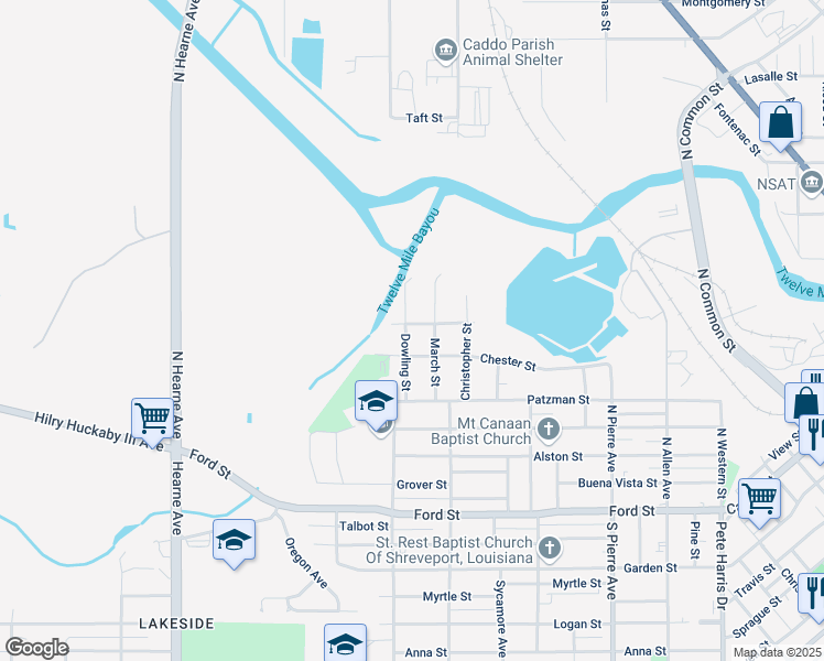 map of restaurants, bars, coffee shops, grocery stores, and more near 631 Dowling Street in Shreveport