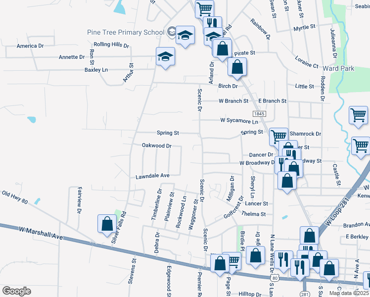 map of restaurants, bars, coffee shops, grocery stores, and more near 716 Willowood Street in Longview