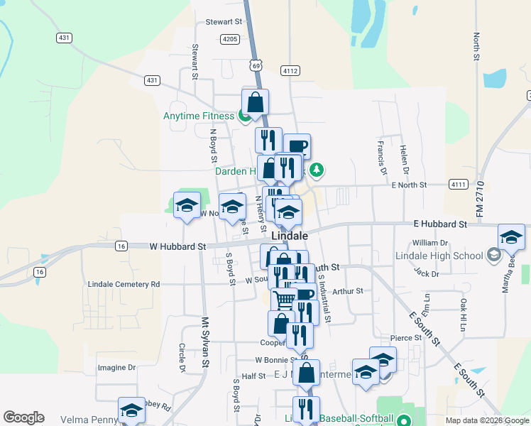 map of restaurants, bars, coffee shops, grocery stores, and more near 205 North Henry Street in Lindale