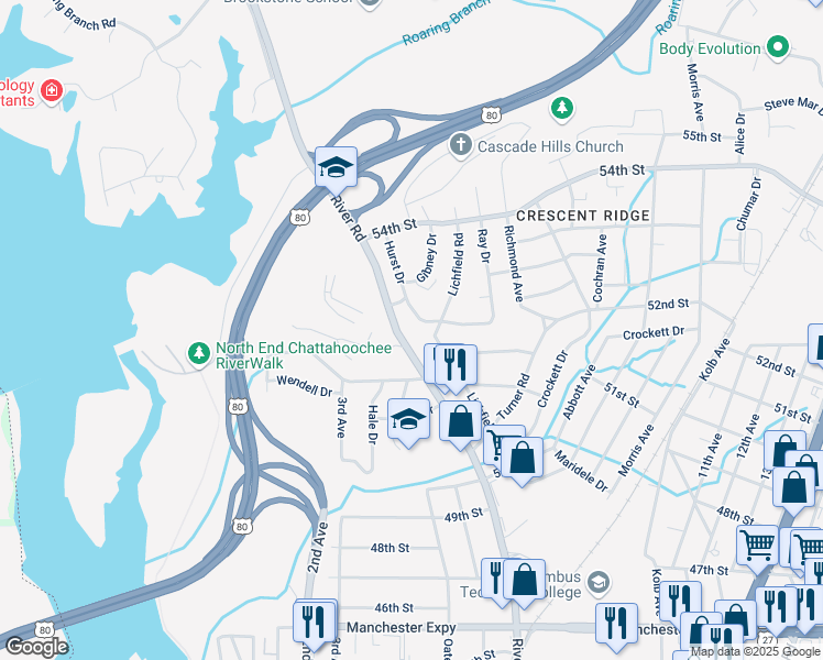 map of restaurants, bars, coffee shops, grocery stores, and more near 5207 Hurst Drive in Columbus