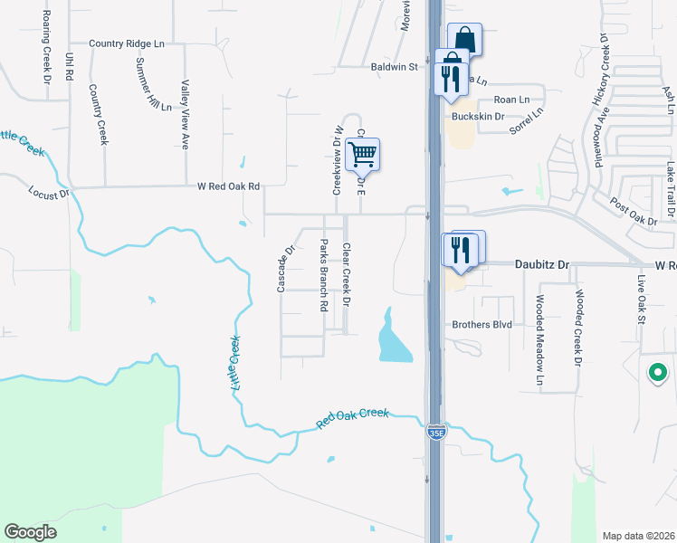 map of restaurants, bars, coffee shops, grocery stores, and more near 116 Clear Creek Drive in Red Oak
