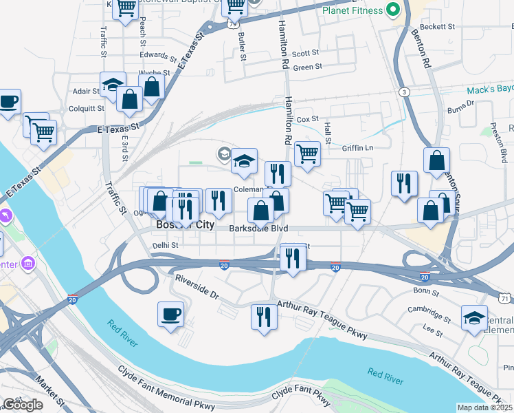 map of restaurants, bars, coffee shops, grocery stores, and more near 1101 Ogilvie Street in Bossier City