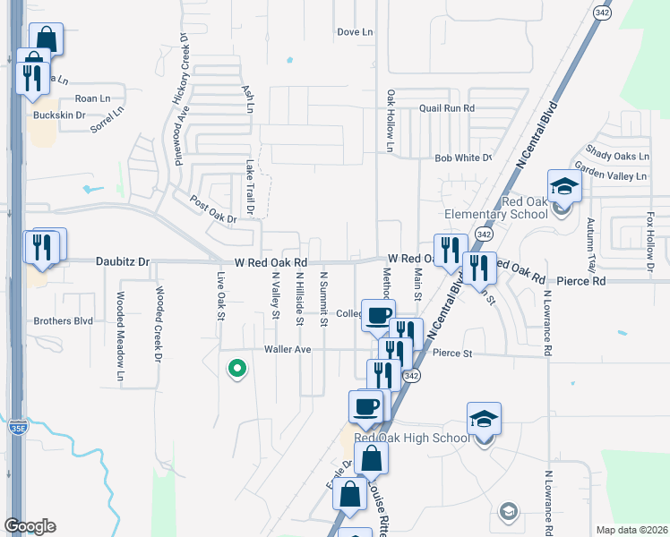 map of restaurants, bars, coffee shops, grocery stores, and more near 304 West Red Oak Road in Red Oak