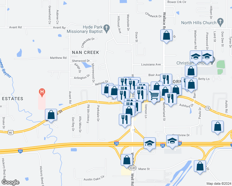 map of restaurants, bars, coffee shops, grocery stores, and more near 138 Defreese Rd in West Monroe
