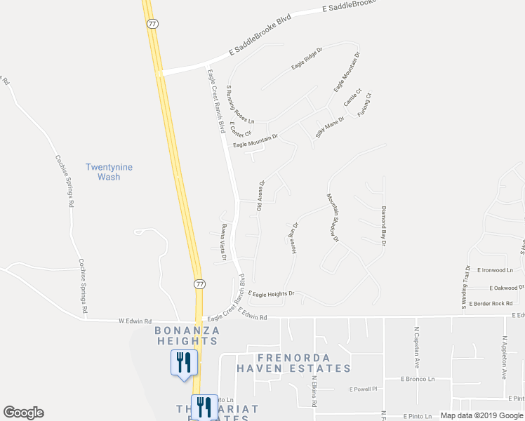 map of restaurants, bars, coffee shops, grocery stores, and more near 39595 South Old Arena Drive in Tucson