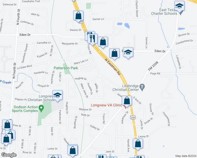 map of restaurants, bars, coffee shops, grocery stores, and more near 2204 Hughey Drive in Longview