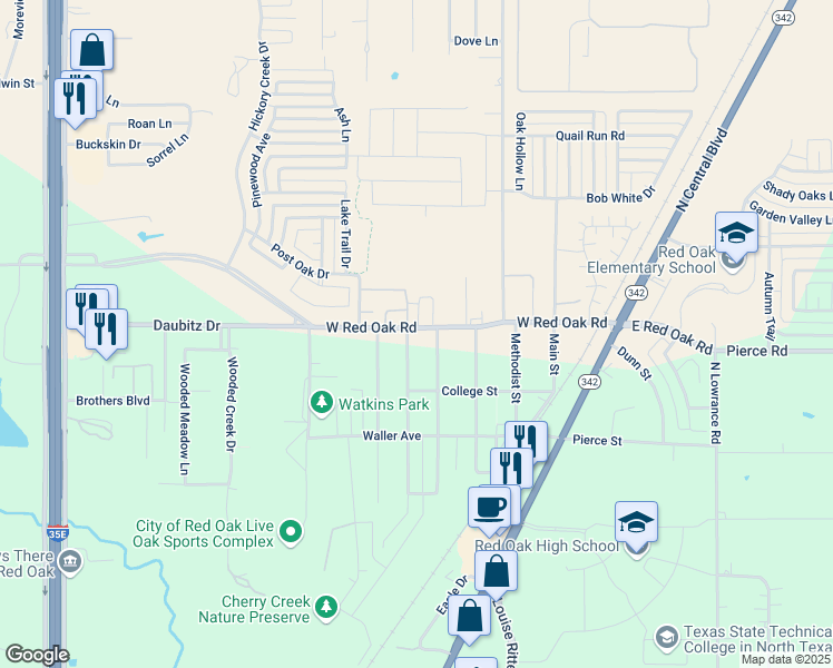 map of restaurants, bars, coffee shops, grocery stores, and more near 214 N Hillside St in Red Oak