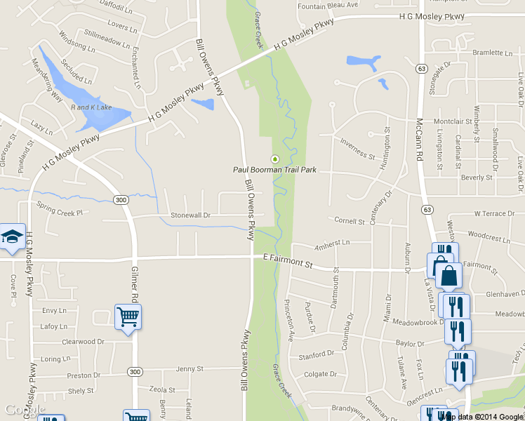 map of restaurants, bars, coffee shops, grocery stores, and more near 7 Stonewall Court in Longview