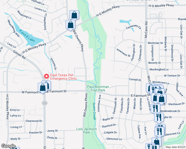 map of restaurants, bars, coffee shops, grocery stores, and more near 7 Stonewall Court in Longview
