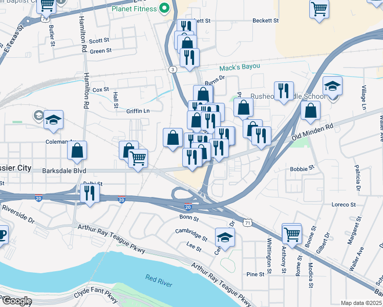 map of restaurants, bars, coffee shops, grocery stores, and more near in Bossier City