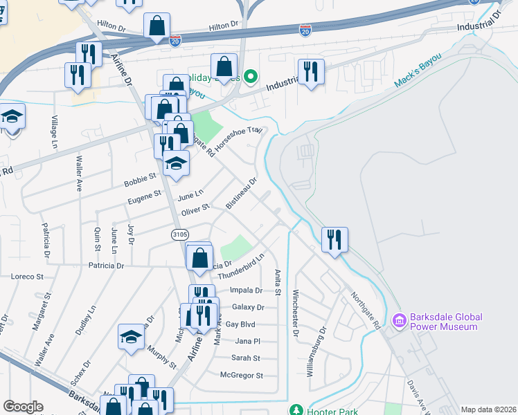 map of restaurants, bars, coffee shops, grocery stores, and more near 3308 Black Lake Circle in Bossier City
