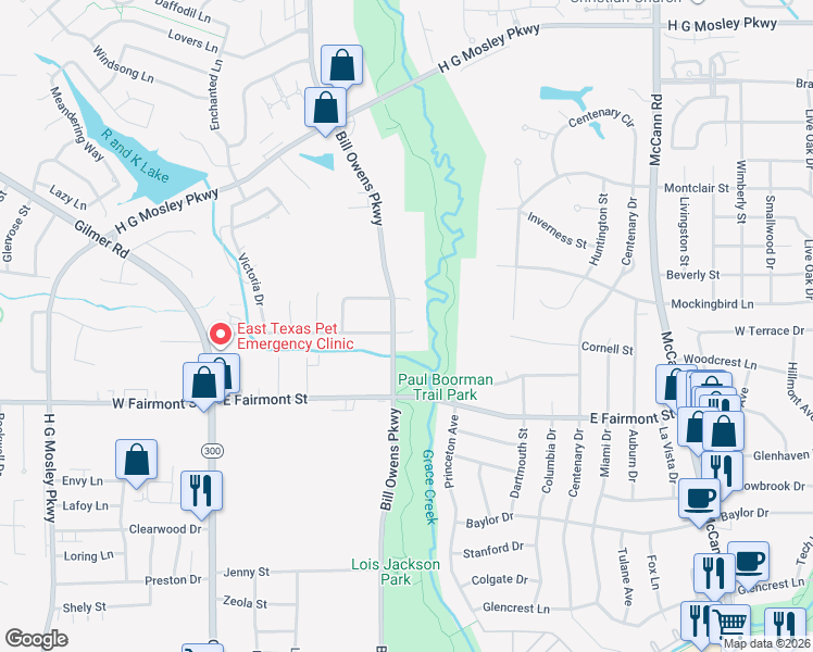 map of restaurants, bars, coffee shops, grocery stores, and more near 7 Stonewall Court in Longview