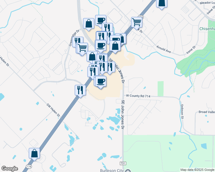 map of restaurants, bars, coffee shops, grocery stores, and more near 1591 Southwest Wilshire Boulevard in Burleson