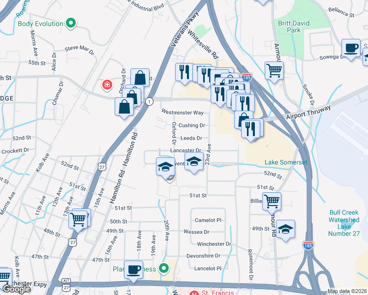 map of restaurants, bars, coffee shops, grocery stores, and more near 2119 Lancaster Drive in Columbus