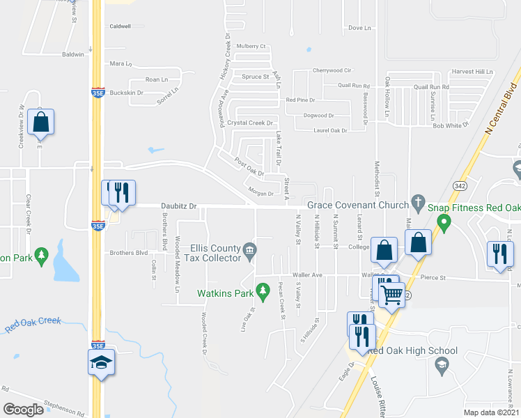 map of restaurants, bars, coffee shops, grocery stores, and more near 928 West Red Oak Road in Red Oak