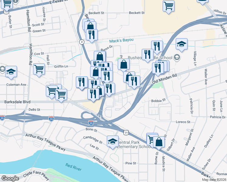 map of restaurants, bars, coffee shops, grocery stores, and more near 1835 Old Minden Rd in Bossier City