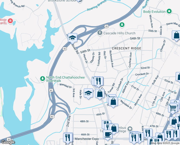map of restaurants, bars, coffee shops, grocery stores, and more near 5207 Hurst Drive in Columbus