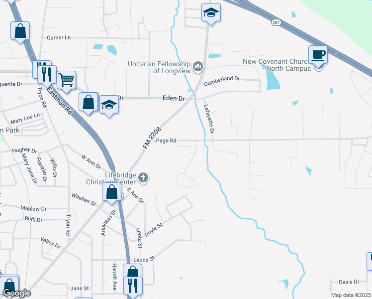 map of restaurants, bars, coffee shops, grocery stores, and more near 1901 Miria Ct in Longview
