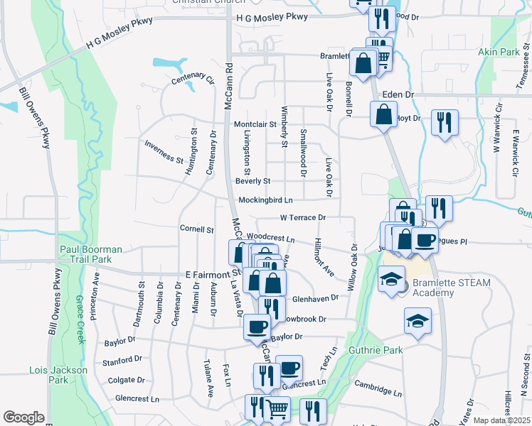 map of restaurants, bars, coffee shops, grocery stores, and more near 609 West Terrace Drive in Longview
