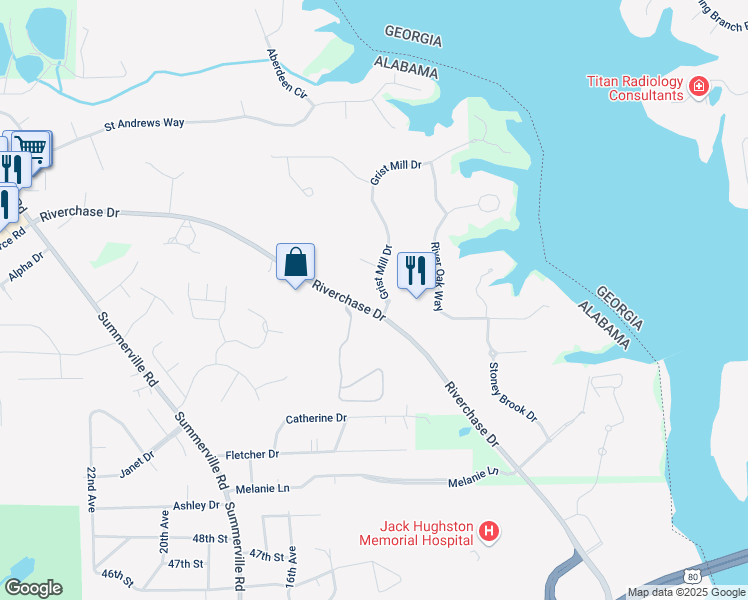 map of restaurants, bars, coffee shops, grocery stores, and more near 1408 Grist Mill Drive in Phenix City