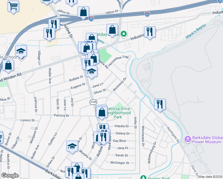 map of restaurants, bars, coffee shops, grocery stores, and more near 1700 Anita Street in Bossier City