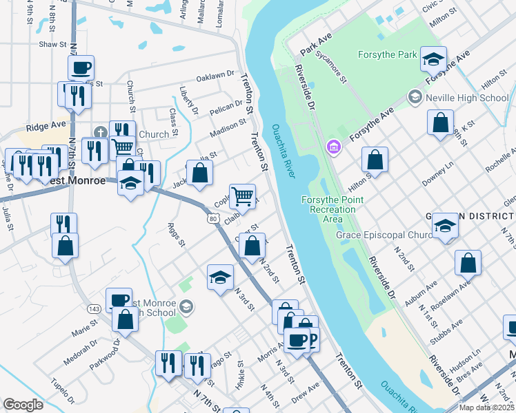 map of restaurants, bars, coffee shops, grocery stores, and more near 117 Claiborne Street in West Monroe