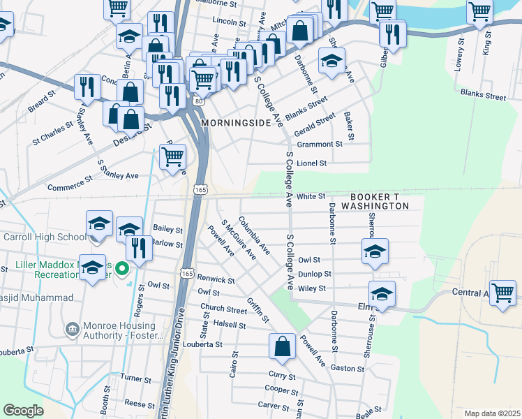 map of restaurants, bars, coffee shops, grocery stores, and more near 3515 Pippin Street in Monroe