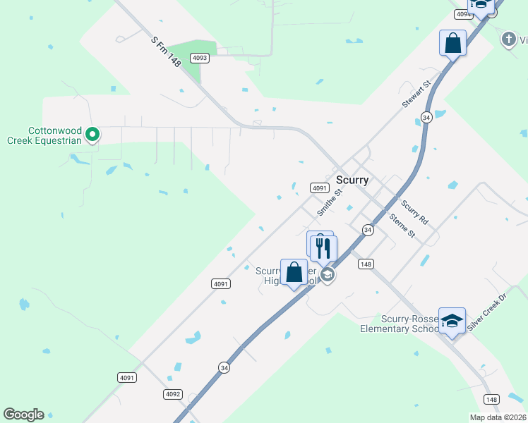 map of restaurants, bars, coffee shops, grocery stores, and more near 9150 County Road 4091 in Scurry
