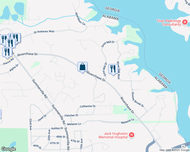 map of restaurants, bars, coffee shops, grocery stores, and more near 5001 Riverchase Drive in Phenix City