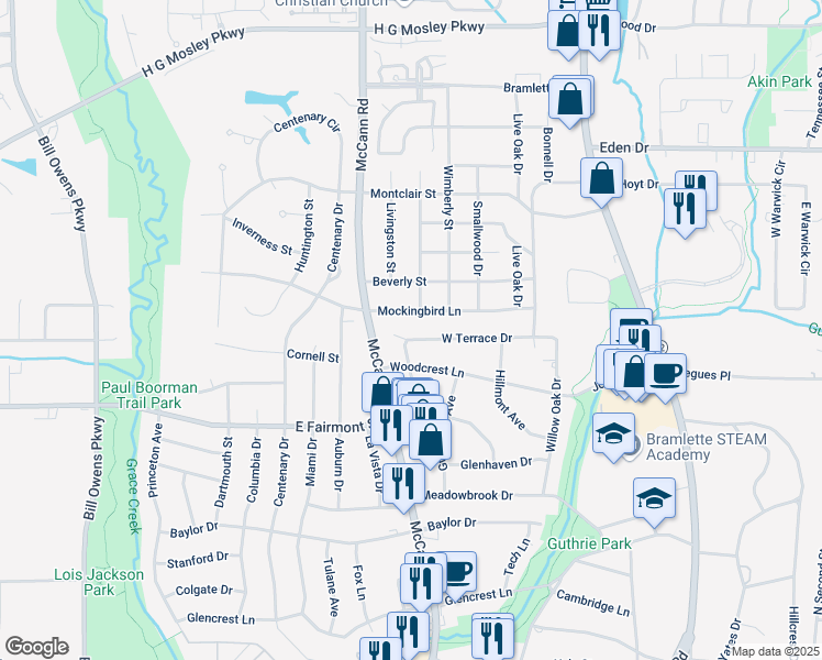 map of restaurants, bars, coffee shops, grocery stores, and more near 609 West Terrace Drive in Longview