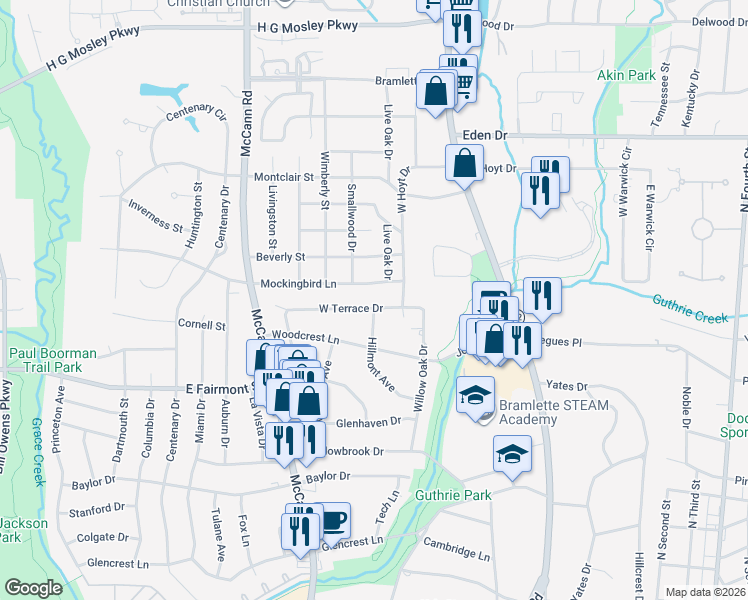 map of restaurants, bars, coffee shops, grocery stores, and more near 411 West Terrace Drive in Longview