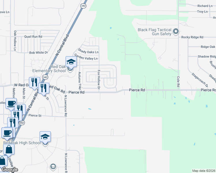 map of restaurants, bars, coffee shops, grocery stores, and more near 110 Whipperwill Way in Red Oak