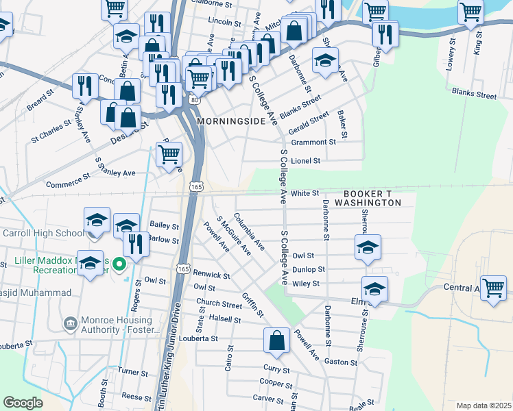 map of restaurants, bars, coffee shops, grocery stores, and more near 3515 Pippin St in Monroe
