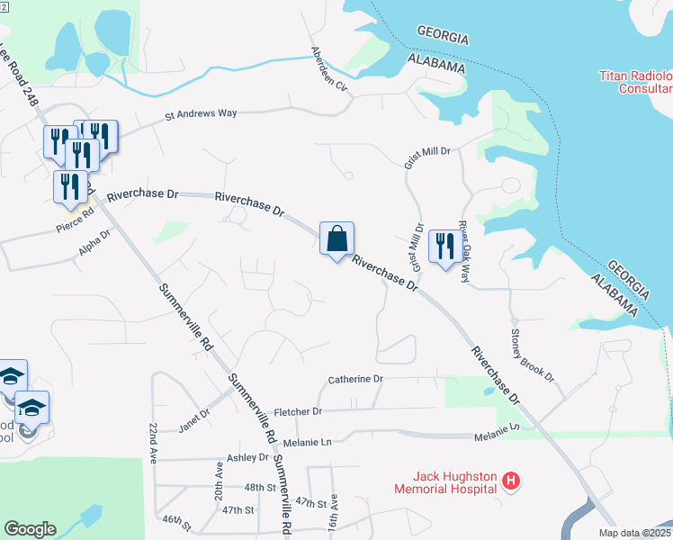 map of restaurants, bars, coffee shops, grocery stores, and more near 5000 Riverchase Drive in Phenix City