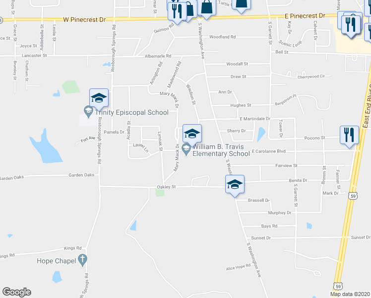 map of restaurants, bars, coffee shops, grocery stores, and more near 303 West Carolanne Boulevard in Marshall