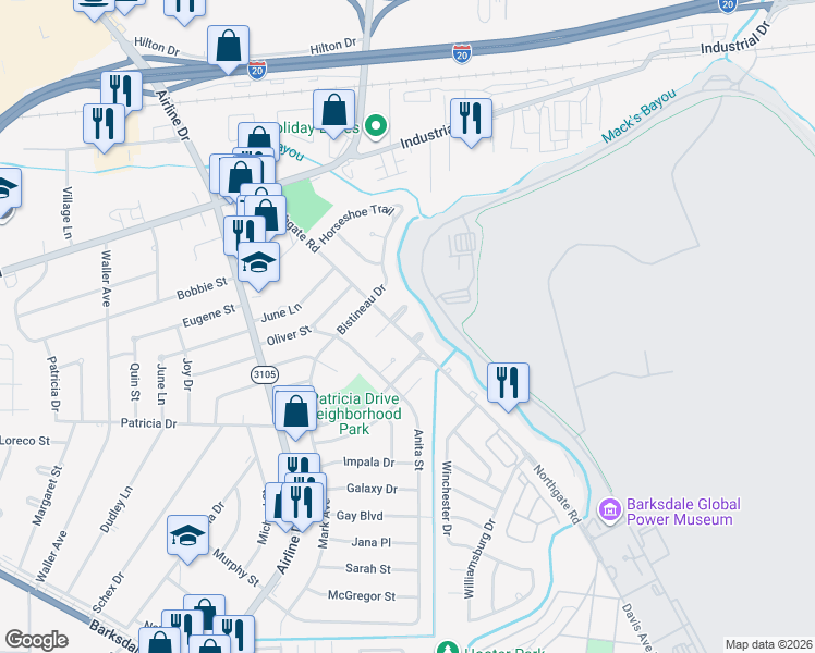 map of restaurants, bars, coffee shops, grocery stores, and more near 1610 Northgate Road in Bossier City