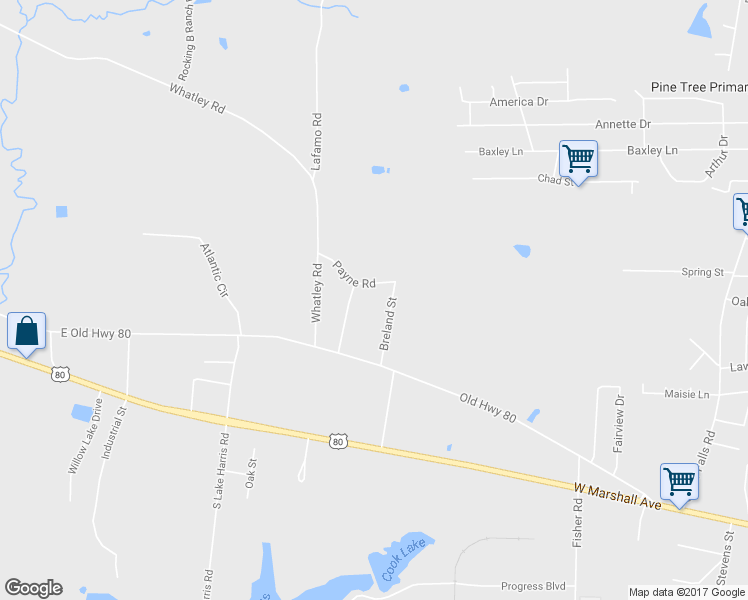 map of restaurants, bars, coffee shops, grocery stores, and more near 117 Breland Street in Longview