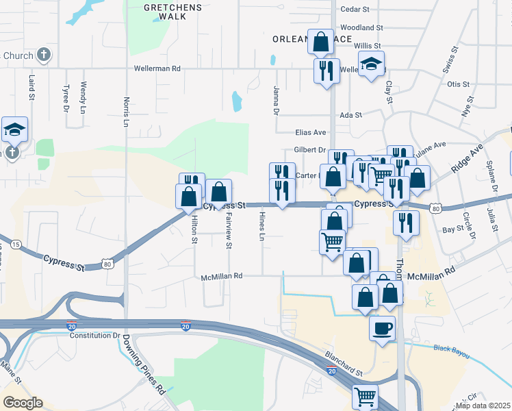 map of restaurants, bars, coffee shops, grocery stores, and more near 3629 Cypress Street in West Monroe