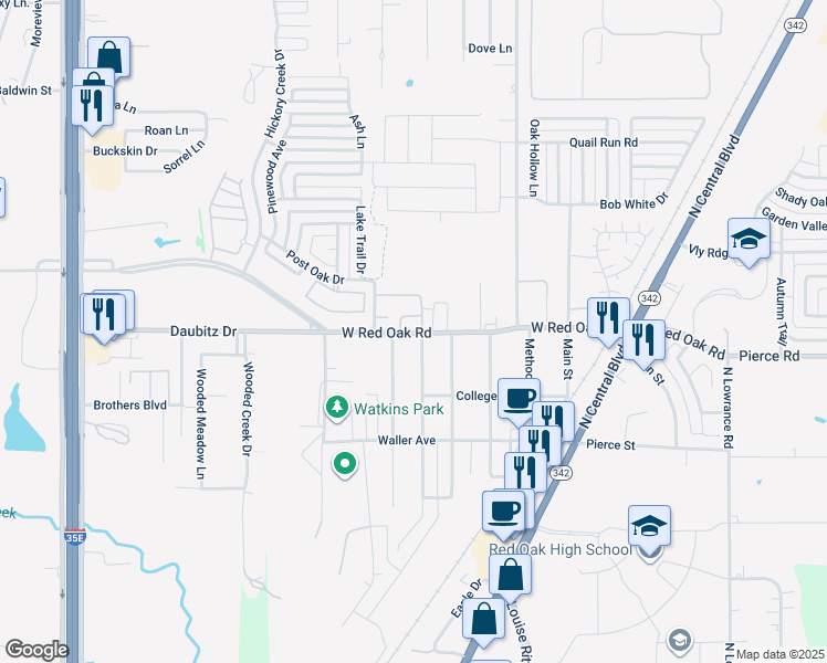 map of restaurants, bars, coffee shops, grocery stores, and more near 214 North Hillside Street in Red Oak