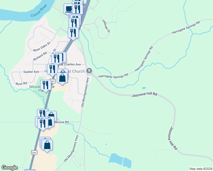 map of restaurants, bars, coffee shops, grocery stores, and more near 101-295 Jasmine Hill Road in Wetumpka