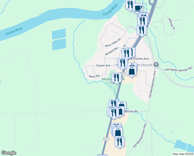 map of restaurants, bars, coffee shops, grocery stores, and more near 219 Ross Road in Wetumpka