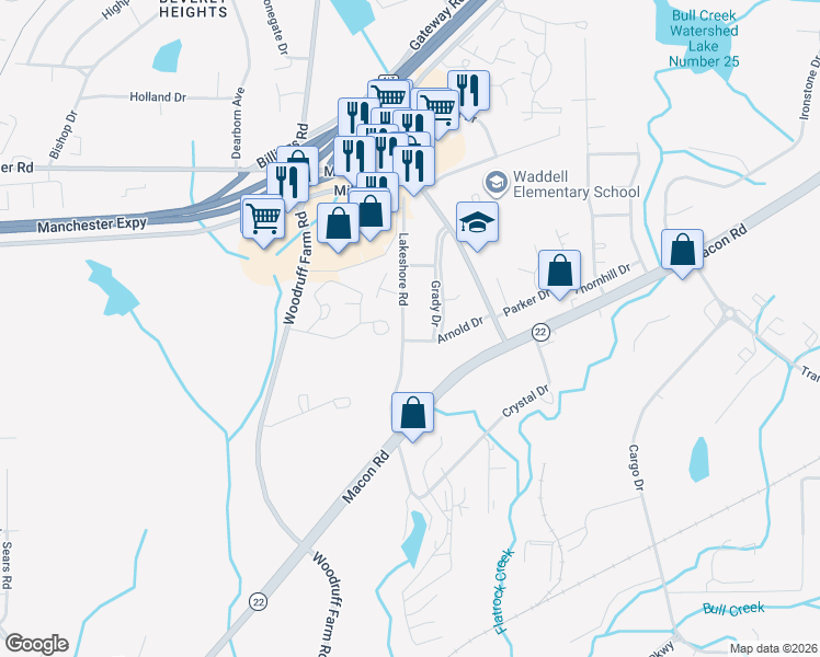 map of restaurants, bars, coffee shops, grocery stores, and more near 5202 Lakeshore Road in Columbus