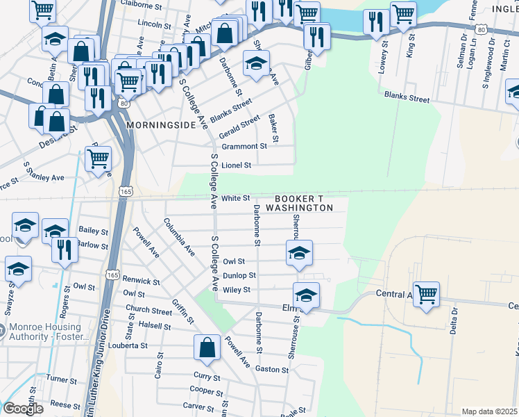 map of restaurants, bars, coffee shops, grocery stores, and more near 4001 Pippin Street in Monroe