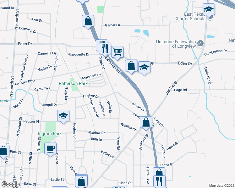 map of restaurants, bars, coffee shops, grocery stores, and more near 2204 Hughey Drive in Longview