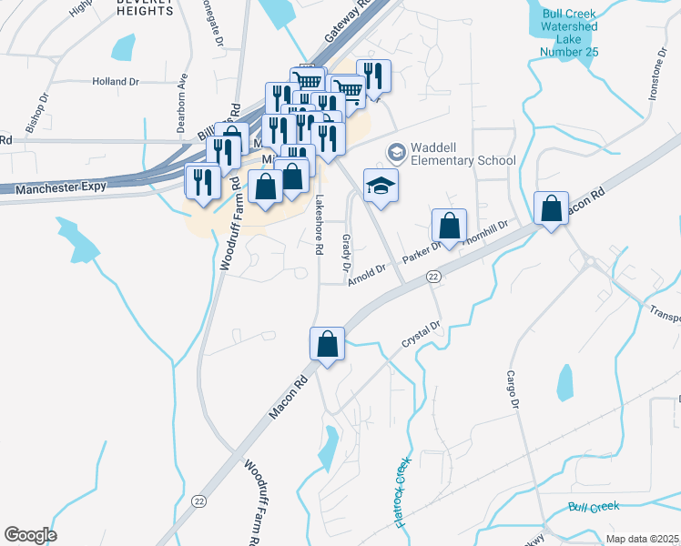 map of restaurants, bars, coffee shops, grocery stores, and more near 5202 Lakeshore Road in Columbus