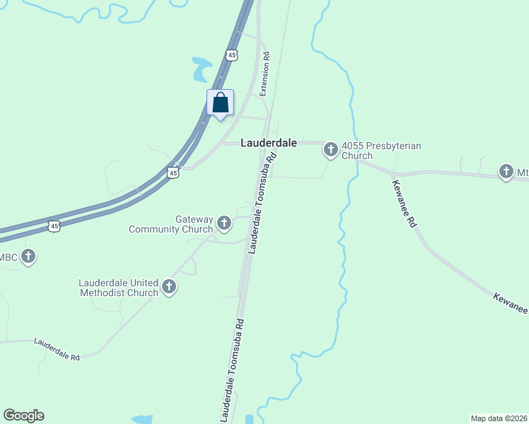 map of restaurants, bars, coffee shops, grocery stores, and more near 9596-9642 Lauderdale Toomsuba Road in Lauderdale