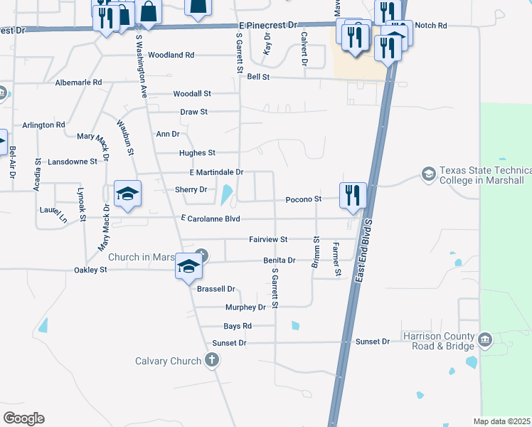map of restaurants, bars, coffee shops, grocery stores, and more near 300 East Carolanne Boulevard in Marshall
