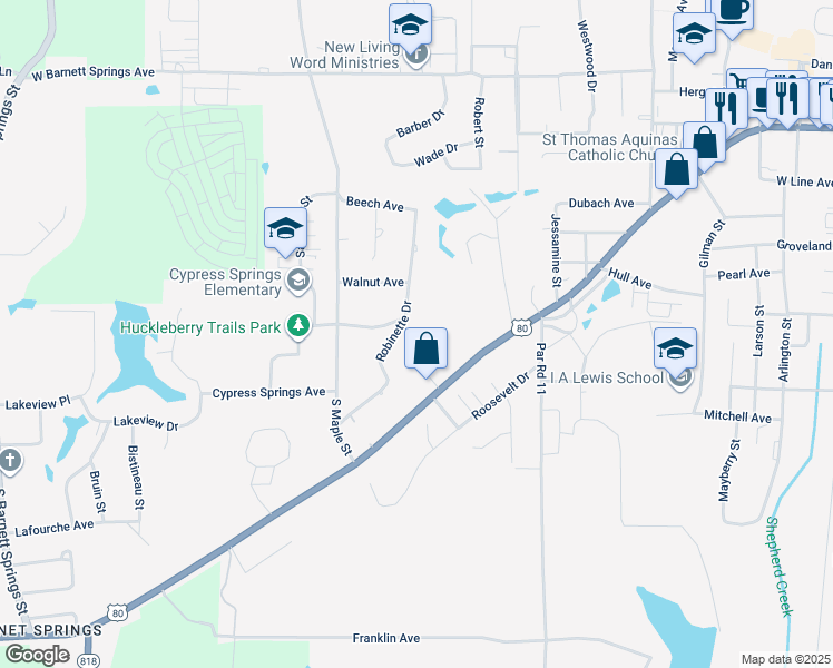map of restaurants, bars, coffee shops, grocery stores, and more near 1203 Robinette Drive in Ruston